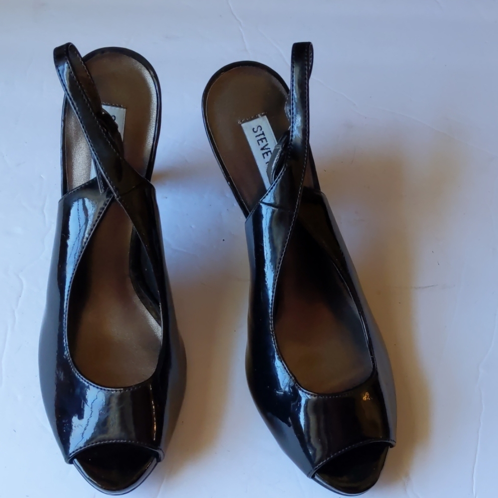 Steve Madden Black Patent Peep-Toe Slingback Heels - Picture 2 of 7